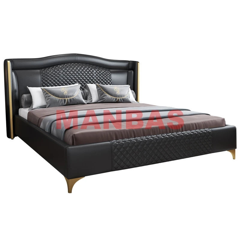 MANBAS Genuine Leather Bed Nordic Double Size Rectangle Bed Frame Nordic King/Queen Size Wedding Lits Designer Upholstered Cama