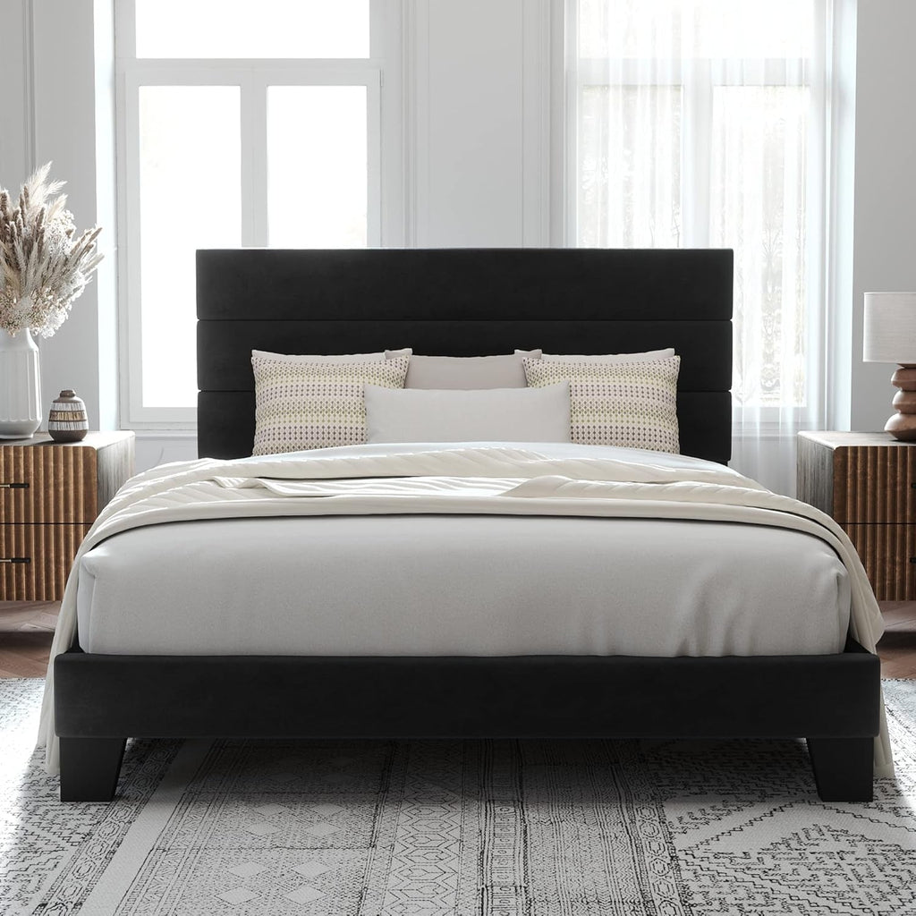 Black Velvet Queen Platform Bed Easy Assembly No Box Spring