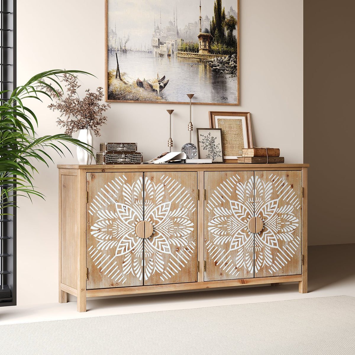 60" Wood Accent Cabinet with 4 Doors Brown and Antique White