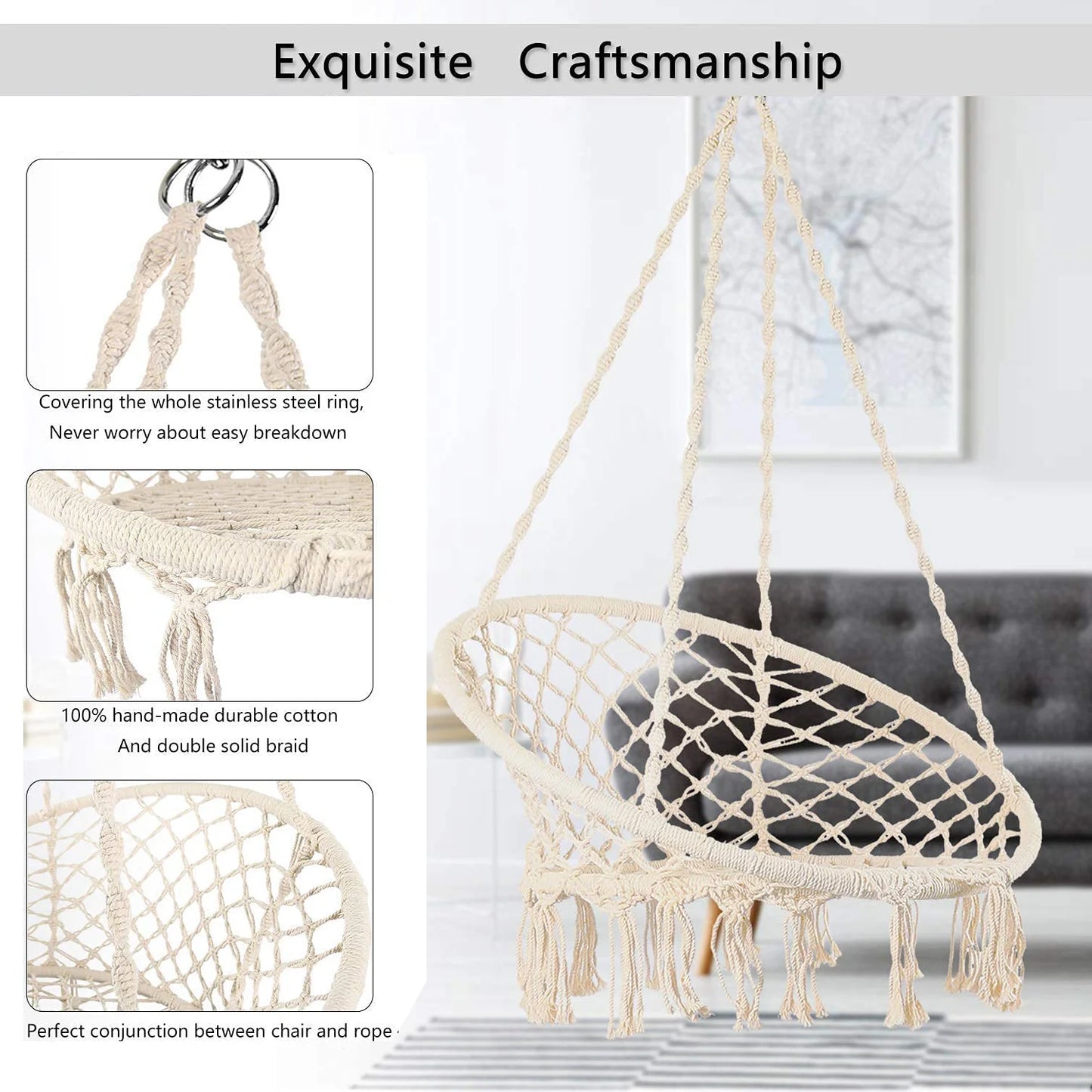 Feistel Garden Hanging Chair White Hammock Round Chair With Cotton Tassel Style For Balcony and Yard Black And White