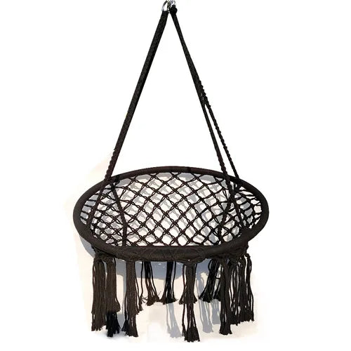 Feistel Garden Hanging Chair White Hammock Round Chair With Cotton Tassel Style For Balcony and Yard Black And White