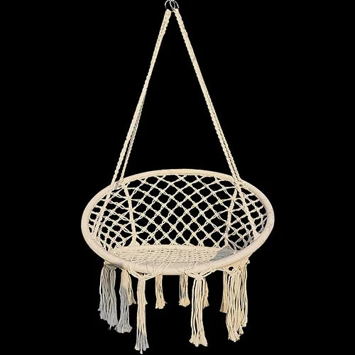 Feistel Garden Hanging Chair White Hammock Round Chair With Cotton Tassel Style For Balcony and Yard Black And White