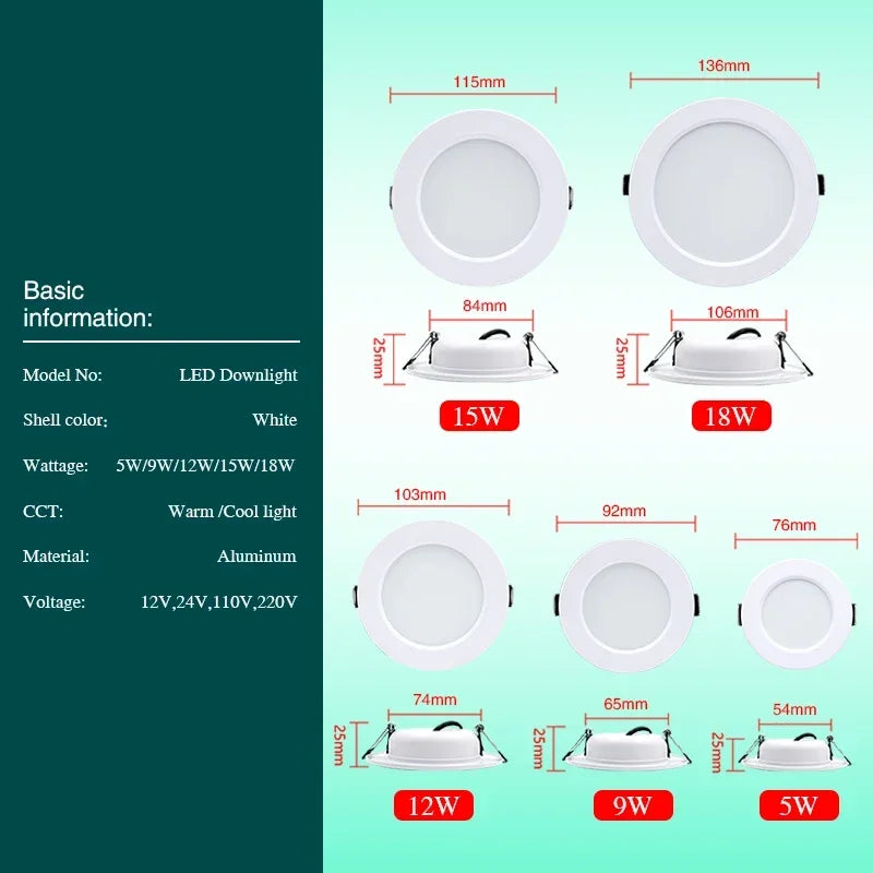 10pcs/lot LED Downlight White Body 5W 9W 12W 15W 18W Round Led Ceiling Light DC 12V 24V AC 110V 220V Bedroom Indoor Led Lighting