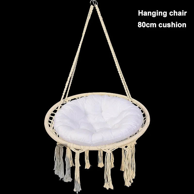 Feistel Garden Hanging Chair White Hammock Round Chair With Cotton Tassel Style For Balcony and Yard Black And White