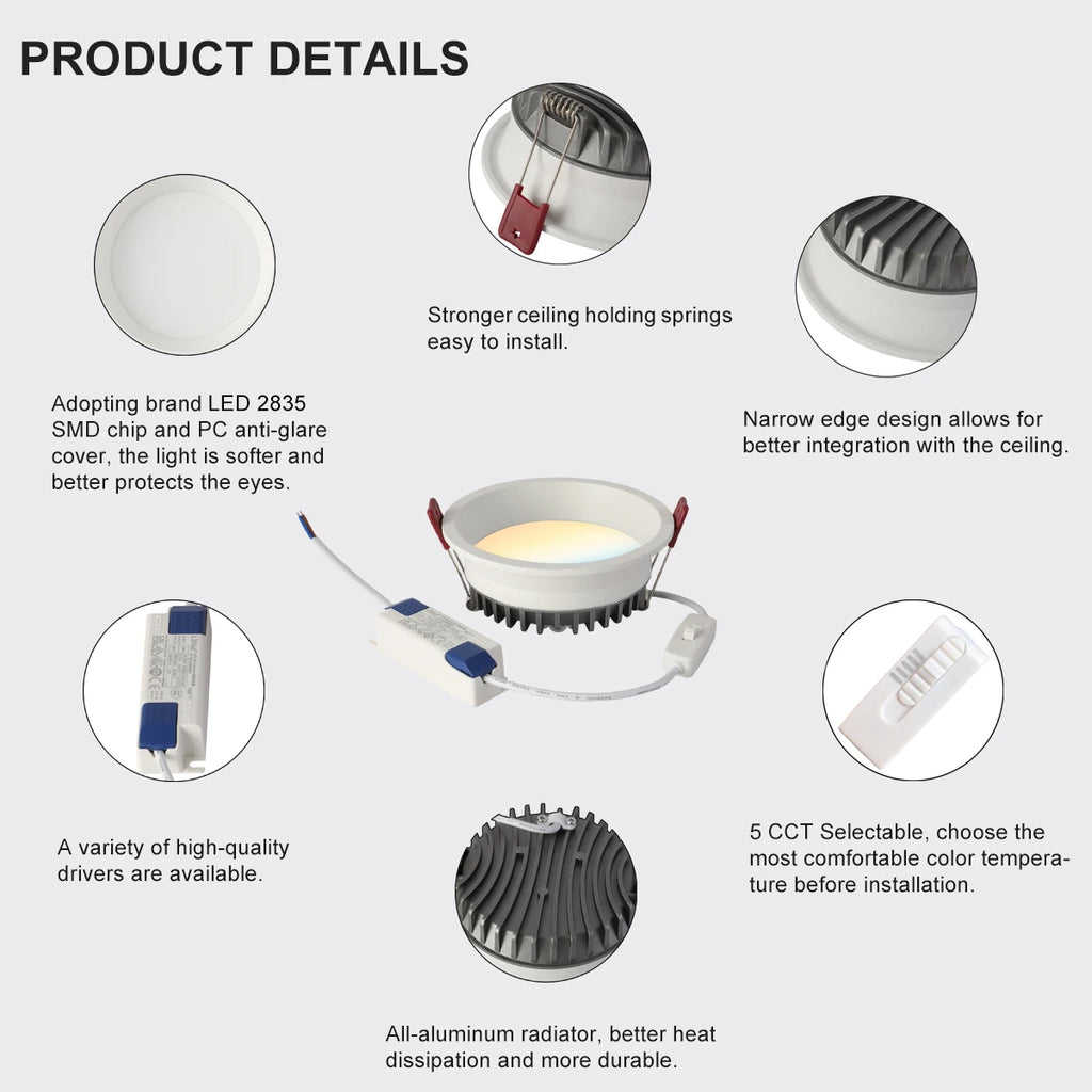 Tuya Zigbee DALI Smart LED Downlight Anti-Glare Recessed 5 CCT Black/White 110/220V Dimmabe Ceiling Lamp Bedroom Kitchen