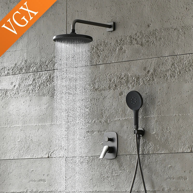 VGX Gold Concealed Shower System Bathroom Shower Faucet Set Embedded Cartridge Faucet Rainfall Shower Mixer Crane Grey Chrome