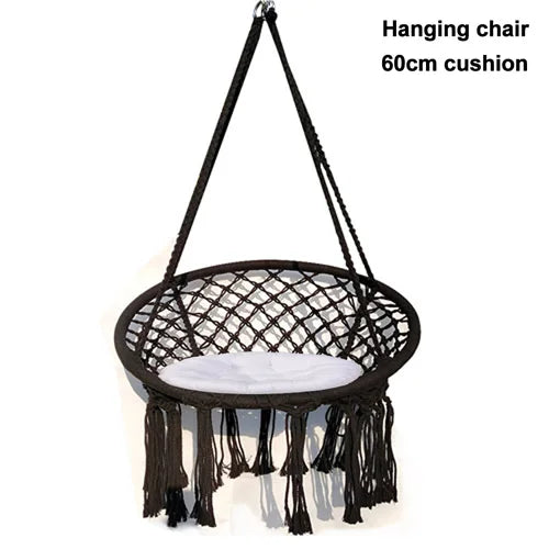 Feistel Garden Hanging Chair White Hammock Round Chair With Cotton Tassel Style For Balcony and Yard Black And White