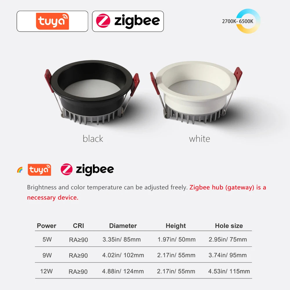 Tuya Zigbee DALI Smart LED Downlight Anti-Glare Recessed 5 CCT Black/White 110/220V Dimmabe Ceiling Lamp Bedroom Kitchen