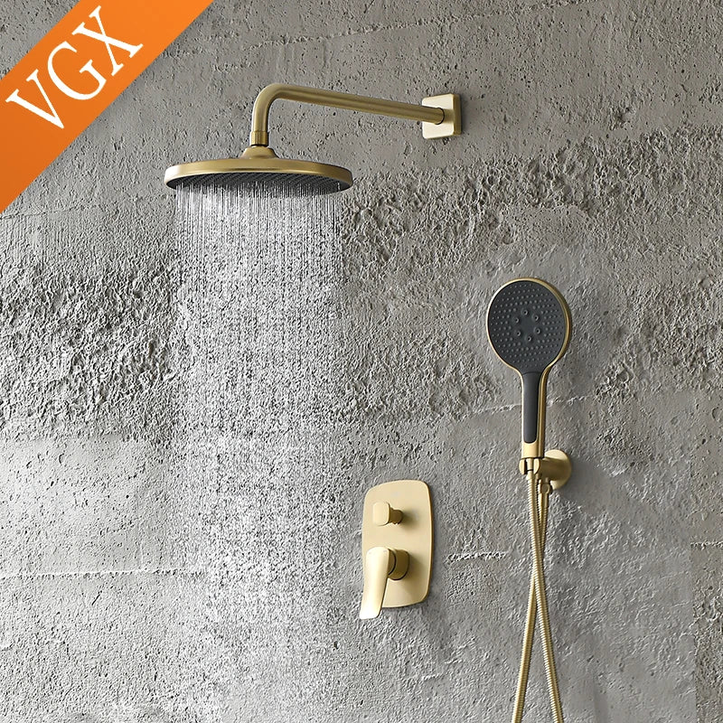 VGX Gold Concealed Shower System Bathroom Shower Faucet Set Embedded Cartridge Faucet Rainfall Shower Mixer Crane Grey Chrome