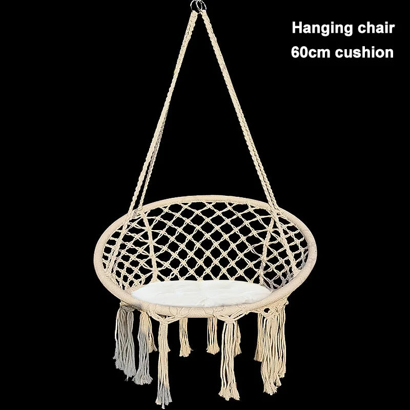 Feistel Garden Hanging Chair White Hammock Round Chair With Cotton Tassel Style For Balcony and Yard Black And White