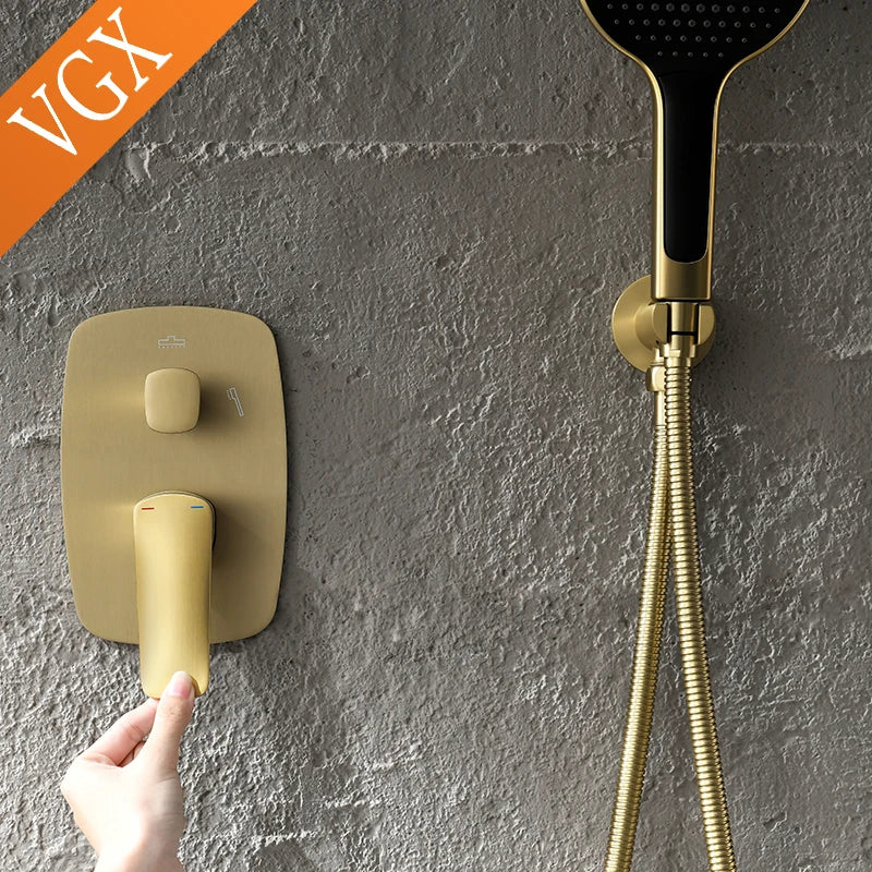 VGX Gold Concealed Shower System Bathroom Shower Faucet Set Embedded Cartridge Faucet Rainfall Shower Mixer Crane Grey Chrome