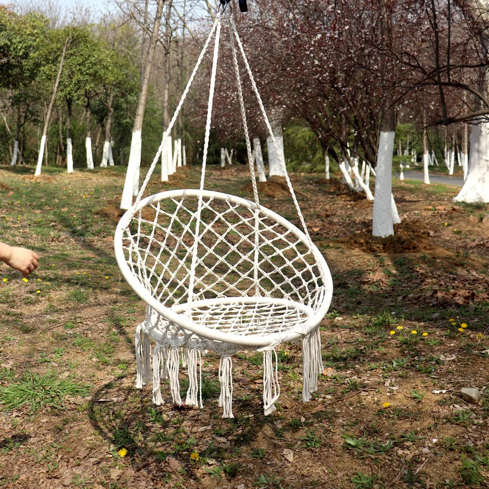 Feistel Garden Hanging Chair White Hammock Round Chair With Cotton Tassel Style For Balcony and Yard Black And White